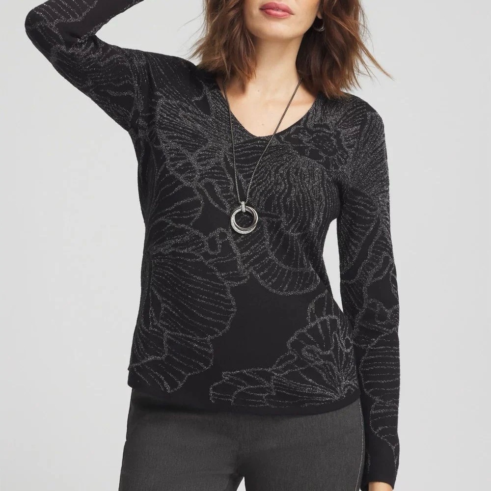 Chicos Jacquard V-Neck Metallic Floral Pullover Sweater US Size XXL 20/22